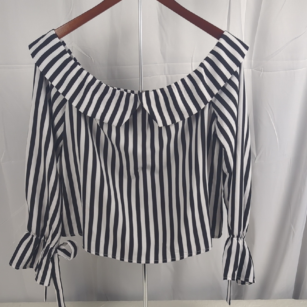 SHEIN Black & White Striped Off-Shoulder Blouse with Tie Cuffs